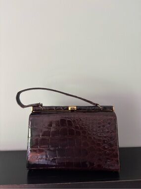 Vintage Croc-Embossed Leather Top-Handle Bag in Deep Brown with Gold Hardware